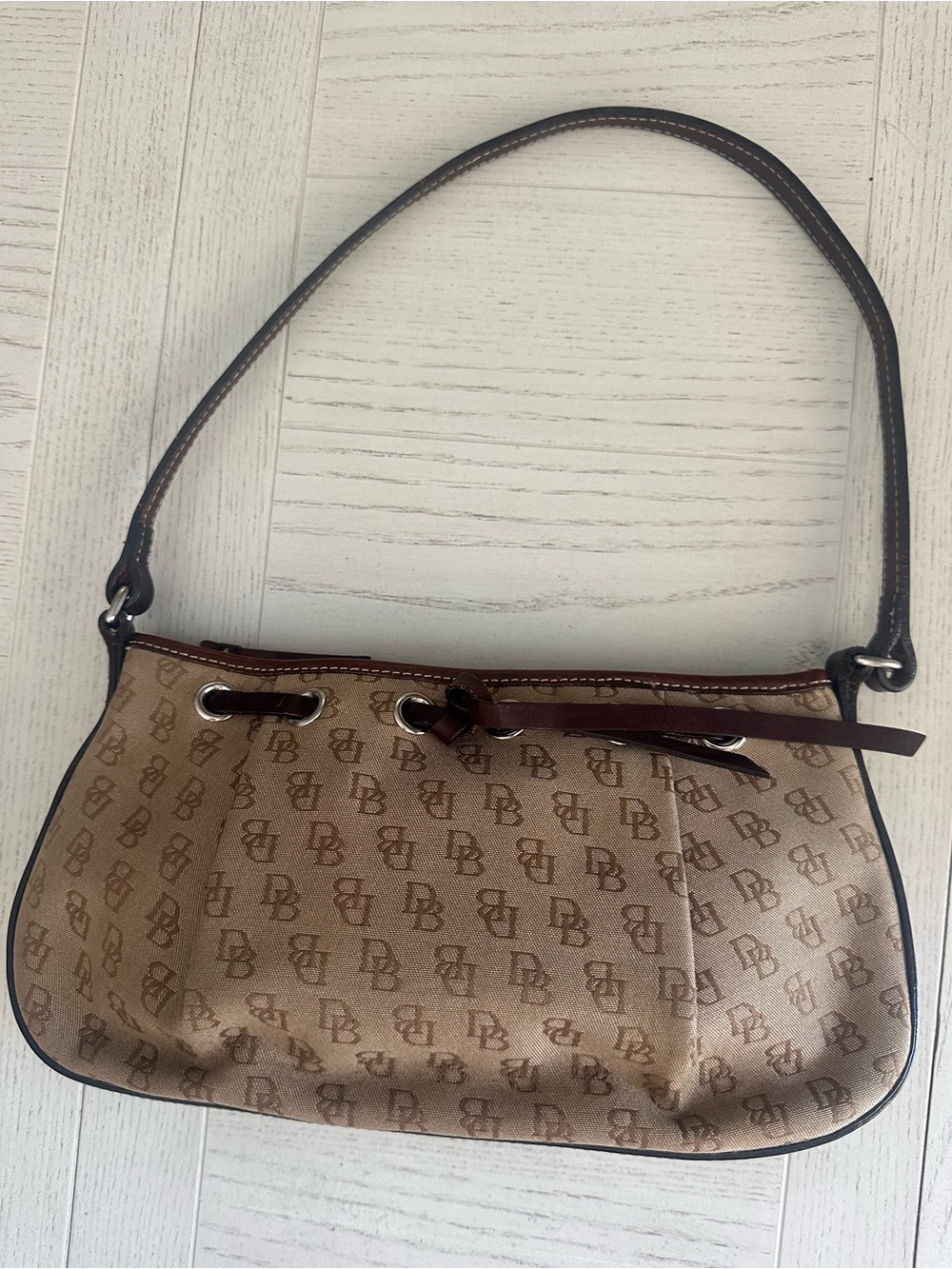 Dooney & Bourke Tan Monogram Shoulder Bag with Dark Brown Trim